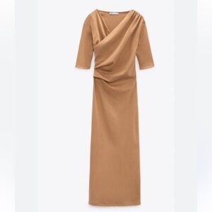 NWT ZARA Elegant Tan Draped Women's Dress